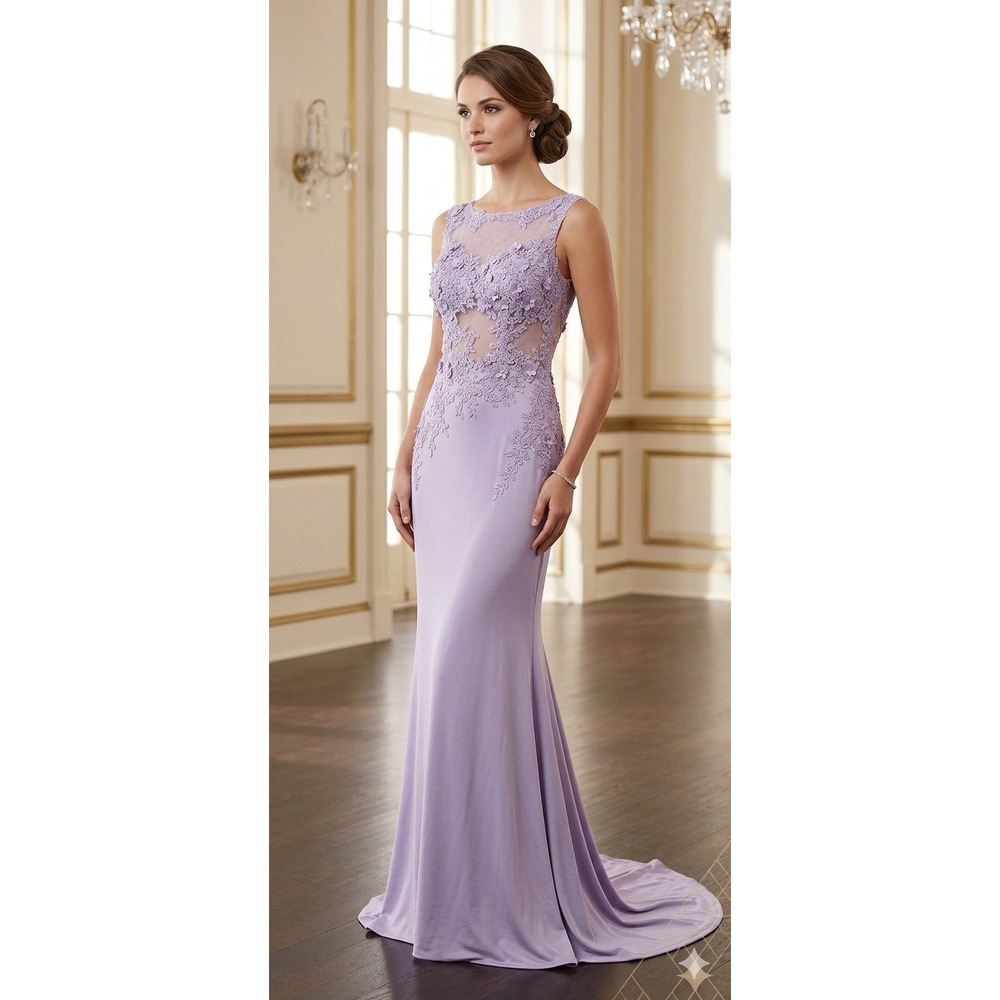 NWT HEBEOS Lavender Lace Applique Formal Prom Dress Sheer Bodice Gown Size M/L